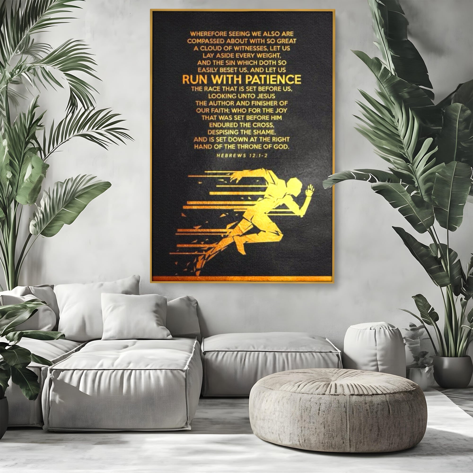 Tablou canvas cu tablou canvas cu alergator si verset biblic, in rama de aluminiu auriu, pe perete intr-un living
